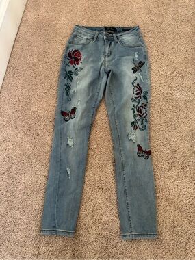 Earl Jeans Light Blue Skinny Jeans with Red Rose & Butterfly Embroidery